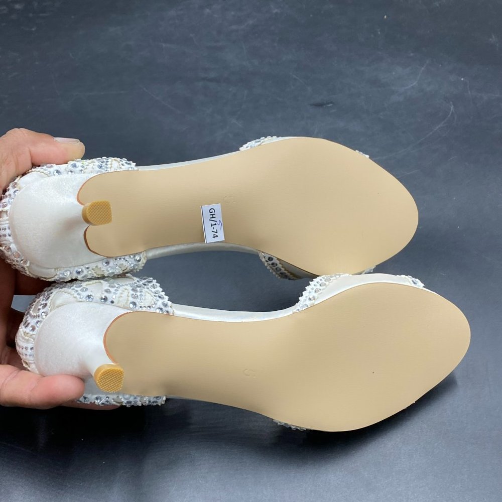 XYD white rhinestone peep toe kitten low heels slip on ankle strap sandals shoes - Picture 8 of 8